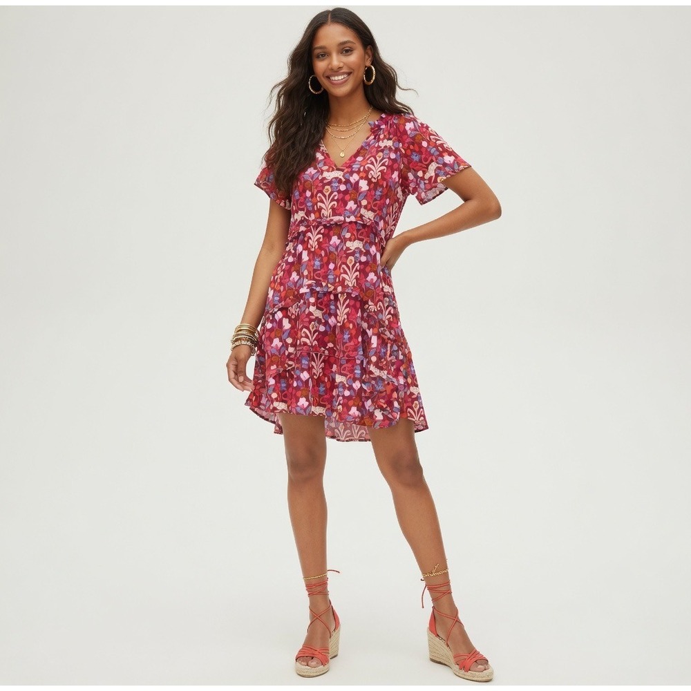 Anthropologie Robin Tiered Mini Dress XS Red Pink Floral Flutter Sleeve Boho